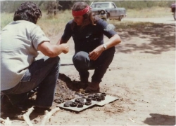 Willie Pink (Pala) with John Videnti (San Pasqual) in 1978 uncovering pottery at the Young Indian Cultural Program.