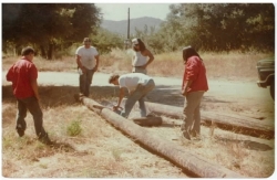 1978 CIMC Youth workers cutting post for a retaining wall at the Tribal Hall. (Left to right) John Parada, Benny Chavez, Eddie Martinez with Ray Belardes Jr. and Steve Cassiode in the back.